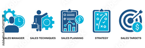 Sales management icon set vector illustration concept for manager, sales techniques, planning, strategy, and targets