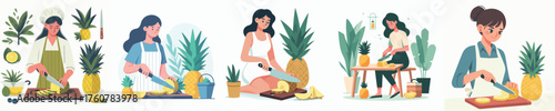vector of woman slicing pineapple