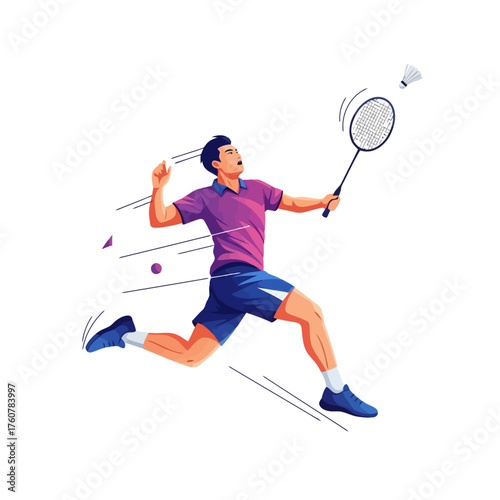 Dynamic badminton player mid-smash with shuttlecock in motion, captured in a vibrant illustration of athleticism and speed