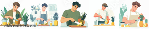 vector of young man slicing pineapple