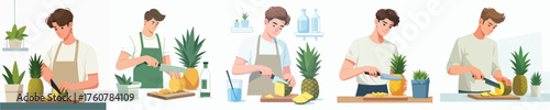 vector of young man slicing pineapple