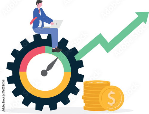 Businessman standing next to money sack and level indicator with rising arrow illustration of monitoring business financial performance

