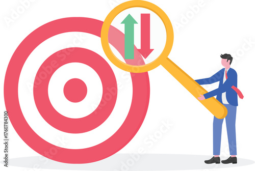 businessman observing several target boards with magnifying glass showing plus minus up arrow and down arrow illustration of risk analysis in achieving business targets

