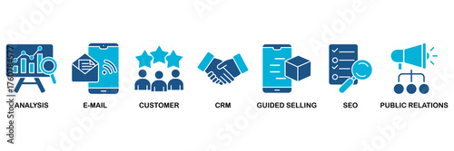 Inbound marketing icon set vector illustration concept for analysis, email, customer, crm, guided selling, seo and public relations