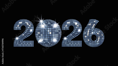 Sparkling disco ball numbers forming the year 2026 against a dark background with bright reflections and highlights