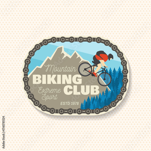 Mountain biking club patch, sticker. Vector. Concept for shirt or logo, print, stamp or tee. Vintage typography design with man riding bike and mountain silhouette. Extreme sport