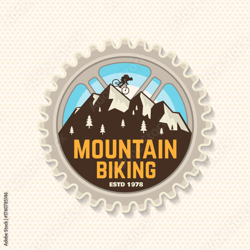 Set of Mountain bikings clubs patch, sticker. Vector. Concept for shirt or logo, print, stamp or biking tourism. Vintage typography design with forest, mountain bikes silhouette