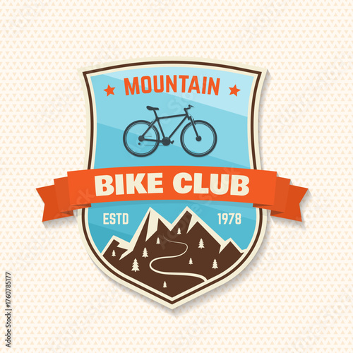 Mountain bike club patch, sticker. Vector illustration. Concept for shirt or logo, print, stamp or tee. Vintage typography design with bike and mountain silhouette.