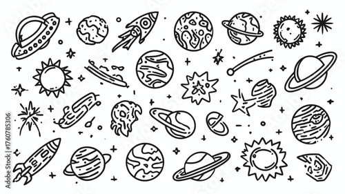 Hand Drawn Space Doodle Vector Set: Planets, Rockets, UFOs, Sun, Stars, Comets, and Celestial Elements for Cosmic Design