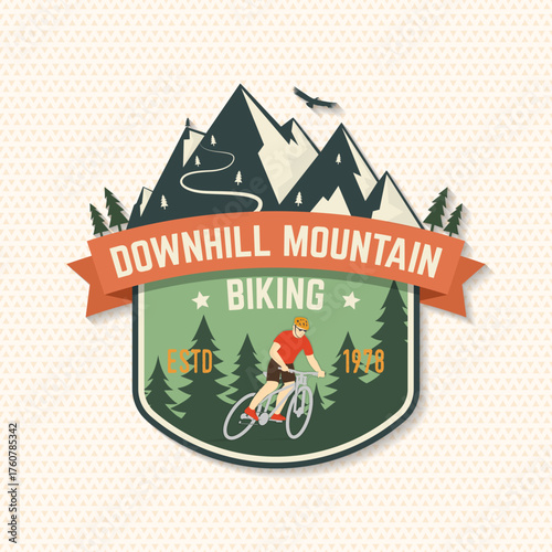 Downhill mountain biking patch, sticker. Vector illustration. Concept for shirt or logo, print, stamp or tee. Vintage typography design with man riding bike and mountain silhouette. Extreme sport