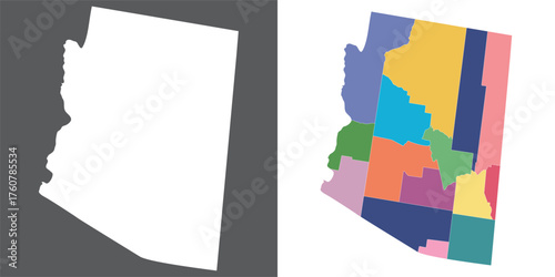 Arizona state counties map set. Map of the US state of Arizona with city in set multicolor.
