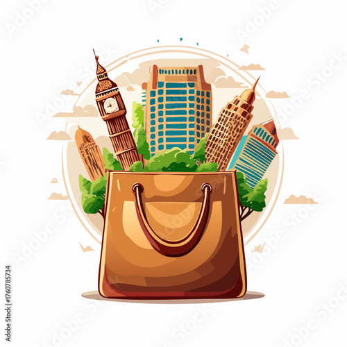 Illustrated shopping bag overflowing with city buildings and greenery elements
