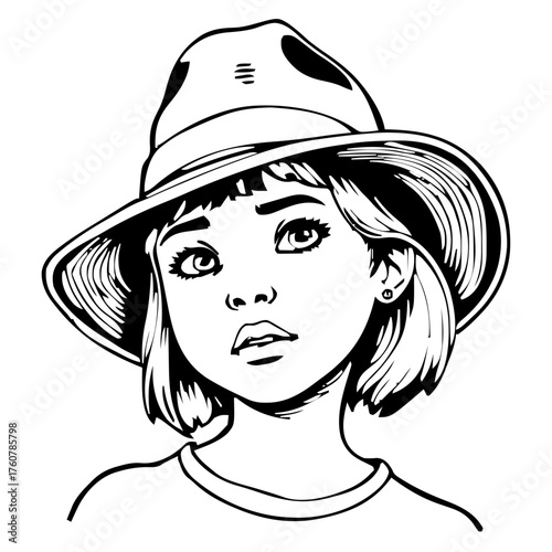 Human Face – kid, woman, short crop, wide‑brim hat, septum ring #94