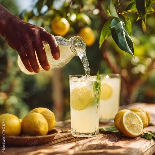 Fototapeta Naklejka Na Ścianę i Meble -  Hands pouring lemonade into glass outdoors, bokeh greenery in background, natural sunlight. High quality photo