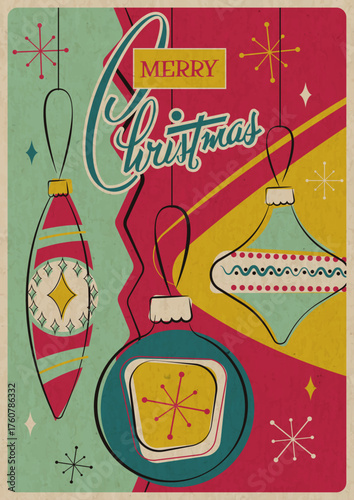 Mid Century Modern Christmas Greeting Card, 1950s - 1960s Postcards Style Illustration, 2026 Merry Christmas Poster. Vintage Colors, Aged Paper Texture