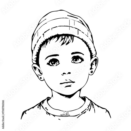 Human Face – child, agender person, bald, beanie, stud earrings #313