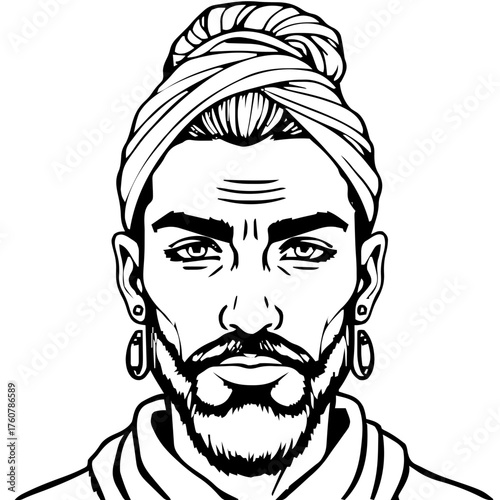 Human Face – adult, non‑binary person, top knot, head scarf, stud earrings #411