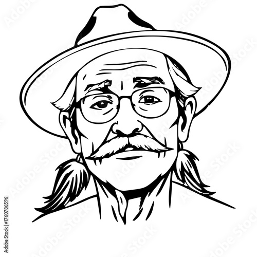 Human Face – middle‑aged, androgynous person, ponytail, wide‑brim hat, hearing aid #380