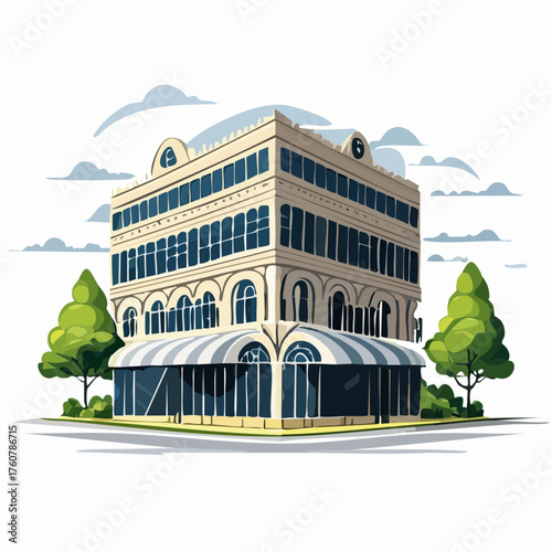 Modern multi story building illustration with trees and a cloudy sky