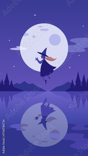 Silhouette of a witch flying in front of a large full moon over a lake