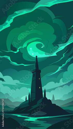 Dark tower on a hill under a swirling green sky