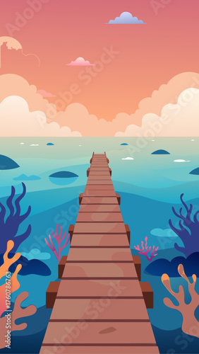 Wooden pier extending into the ocean at sunset with coral reefs