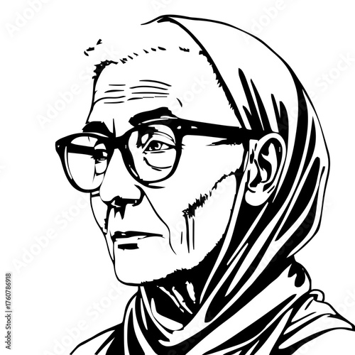 Human Face – elderly, genderqueer person, buzz cut, hijab, cat‑eye glasses #556