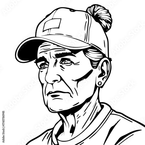 Human Face – middle‑aged, non‑binary person, top knot, baseball cap, stud earrings #573
