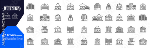 Collection of 42 editable line building icons. Vector set for architecture, real estate, urban planning, and cityscape. Vector illustration.