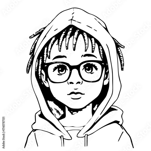 Human Face – child, genderfluid person, locs, hood up, cat‑eye glasses #639