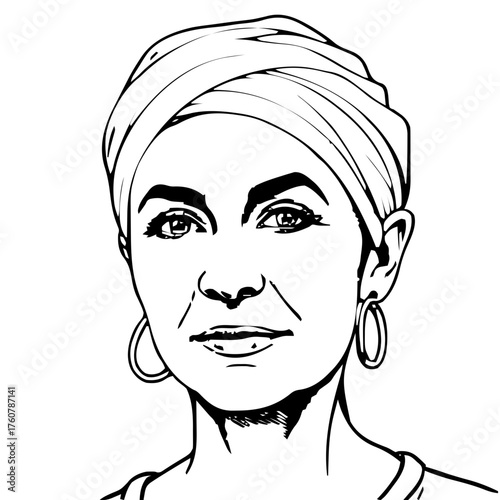 Human Face – middle‑aged, trans woman, buzz cut, turban, hearing aid #650