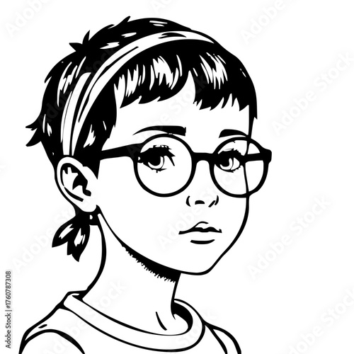 Human Face – kid, woman, buzz cut, headband, round glasses #806