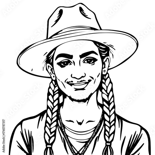 Human Face – adult, genderfluid person, braids, wide‑brim hat, eyebrow piercing #805