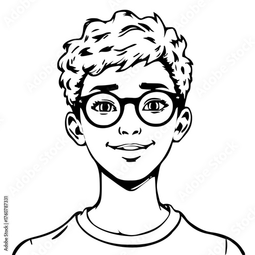 Human Face – teen, agender person, tight coils, round glasses #808