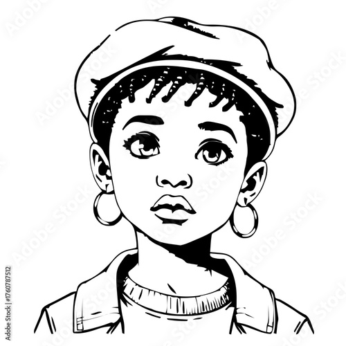 Human Face – kid, agender person, tight coils, beret, hoop earrings #875