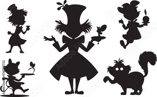 Mad Hatter and Cheshire Cat Silhouettes Vector Art