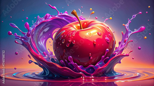 Very beautiful vector cartoon illustration of a glossy red apple resting on a reflective surface, surrounded by vivid purple water splashes — creating a dynamic, colorful, and energetic visual composi