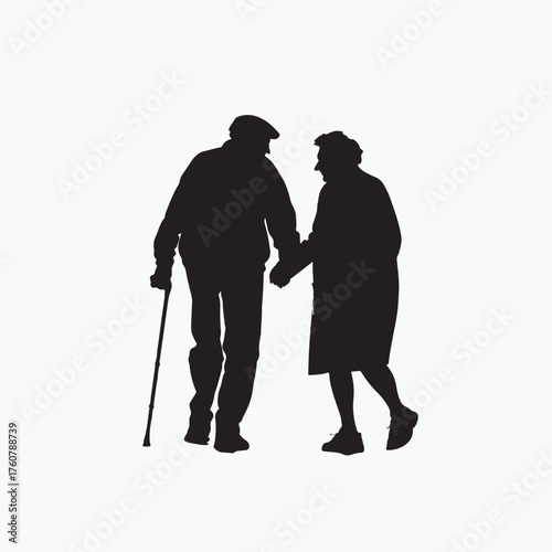 Silhouette of an elderly couple holding hands and walking with a cane Keywords: elderly couple, silhouette, holding hands, walking, cane, senior, old people, relationship, love, together