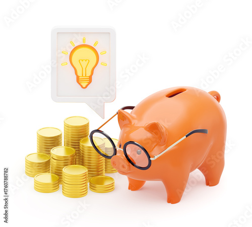 Smart Savings: A light bulb symbol enclosed in a speech bubble appears above stacks of coins, which are placed near a piggy bank, all set against a white background. A 3D-rendered illustration.