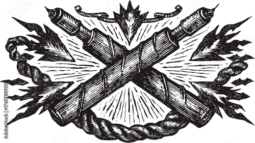 Antique Engraved Crossed Artillery Cannons Illustration. Vintage Military Emblem, Historic Weaponry Design Element