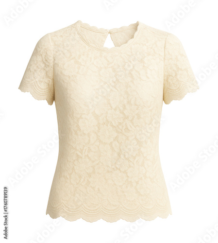 Cream lace blouse featuring a keyhole back and scalloped edges.