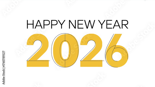 Happy new year 2026 text with bold golden numbers on a clean white background celebrating the upcoming year