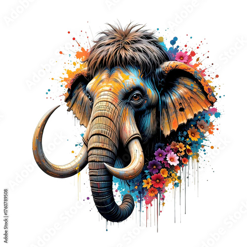 Vibrant mammoth portrait with large tusks, covered in paint splatter and crowned with a lush wreath of colorful flowers.