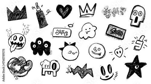 Hand-drawn doodle vector graphic elements collection. Quirky sketch style icons set with abstract characters, crowns, heart, skull, and scribbles for creative design.