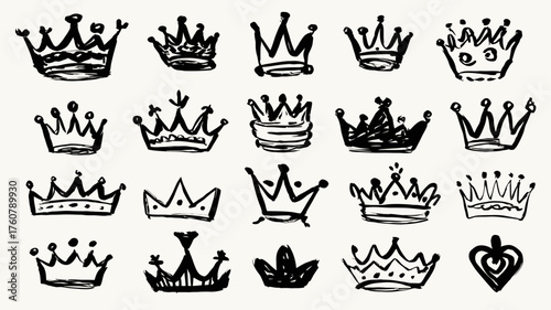 Set of hand-drawn doodle crowns. Collection of sketchy royal crown illustrations. Artistic king and queen tiara design elements.