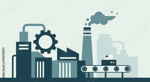 Flat design industrial factory illustration showing production machinery gear and pollution