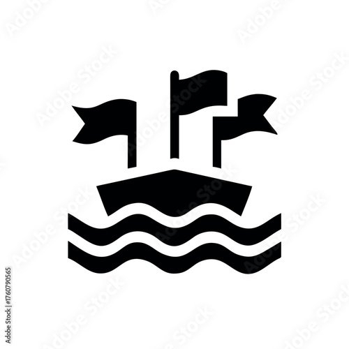 Ship logo design with flowing waves and fluttering flags Line Art Vector illustration
