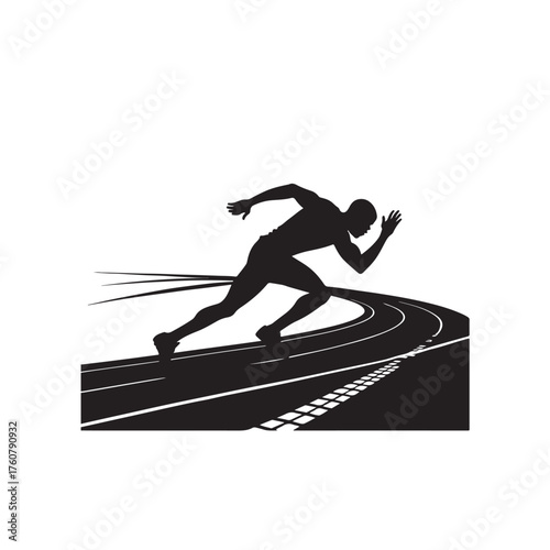 Silhouette of male runner on a curved track with motion lines Keywords: runner, running, race, track, sprinter, athlete, sport, athletics, speed, movement, power, determination, competition, curve