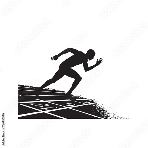 Silhouette of male runner starting race on numbered track lanes Keywords: runner, running, race, track, sprinter, athlete, sport, athletics, speed, movement, power, determination, competition