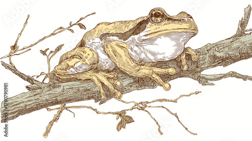 Detailed vintage style illustration of a tree frog perched on a natural branch. Hand-drawn amphibian wildlife artwork.